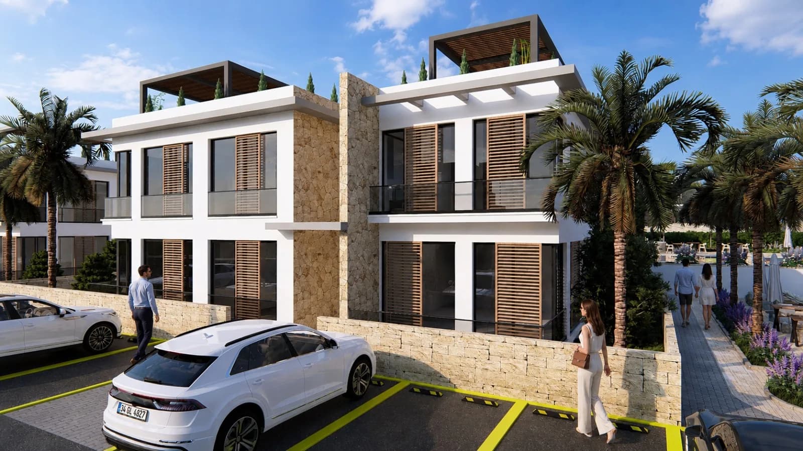 Apartment block with stone cladding and parking in front