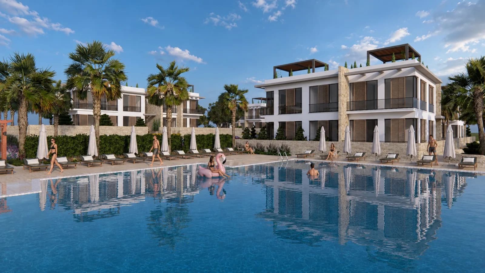 Apartment blocks around the communal pool