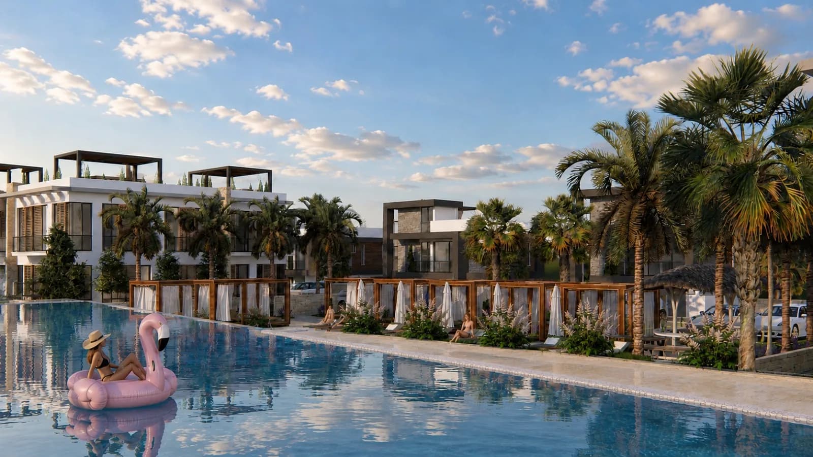 Communal pool and pergolas, penthouse roof terraces behind
