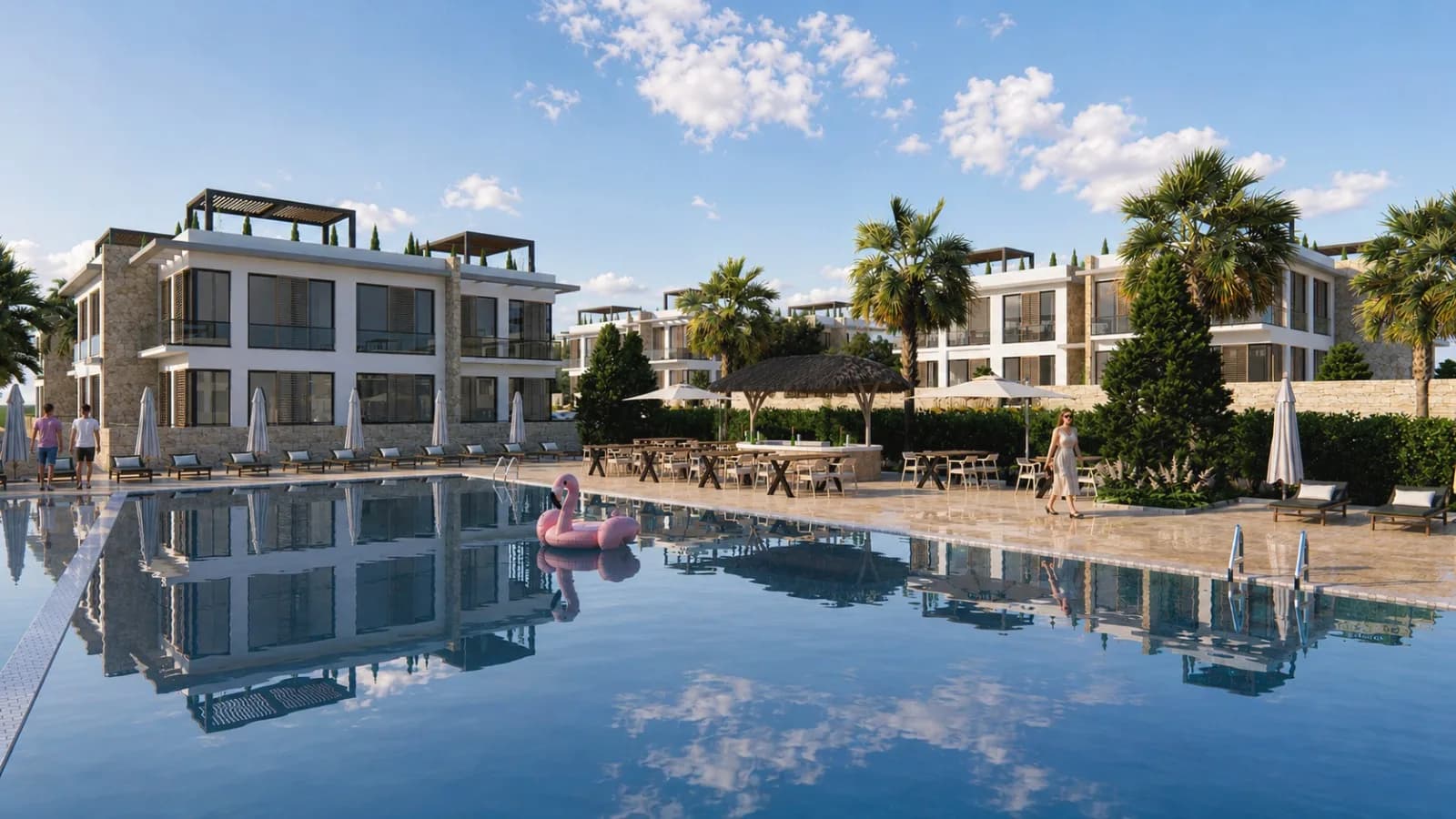 Pool terrace and blocks of 1+1 and 2+1 apartments