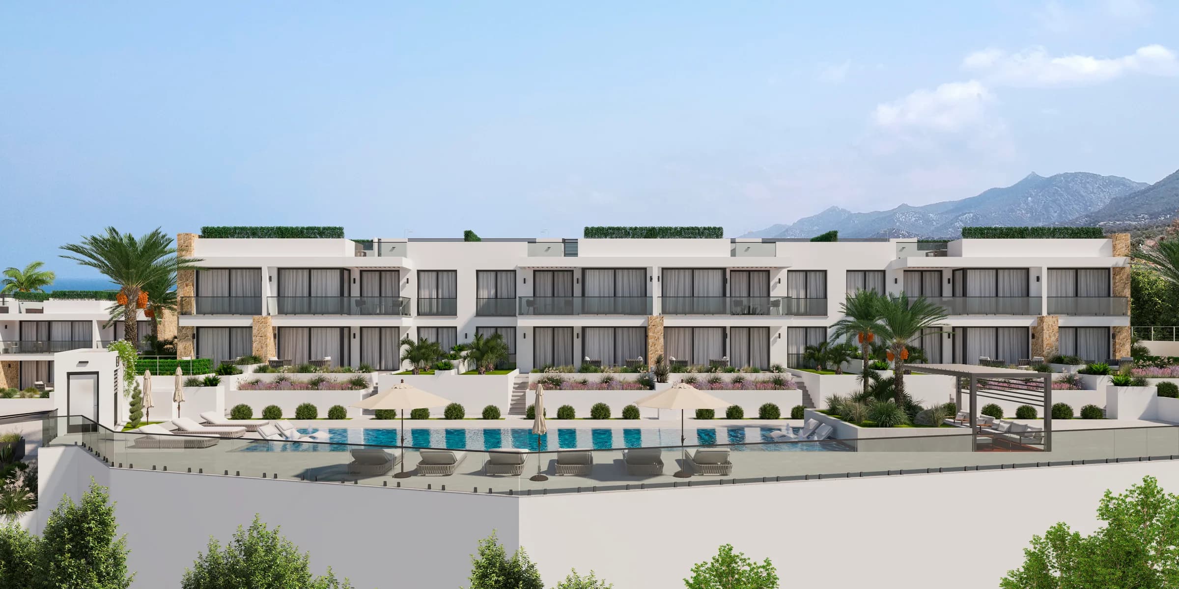 Row of blocks above a pool terrace (visualisation)
