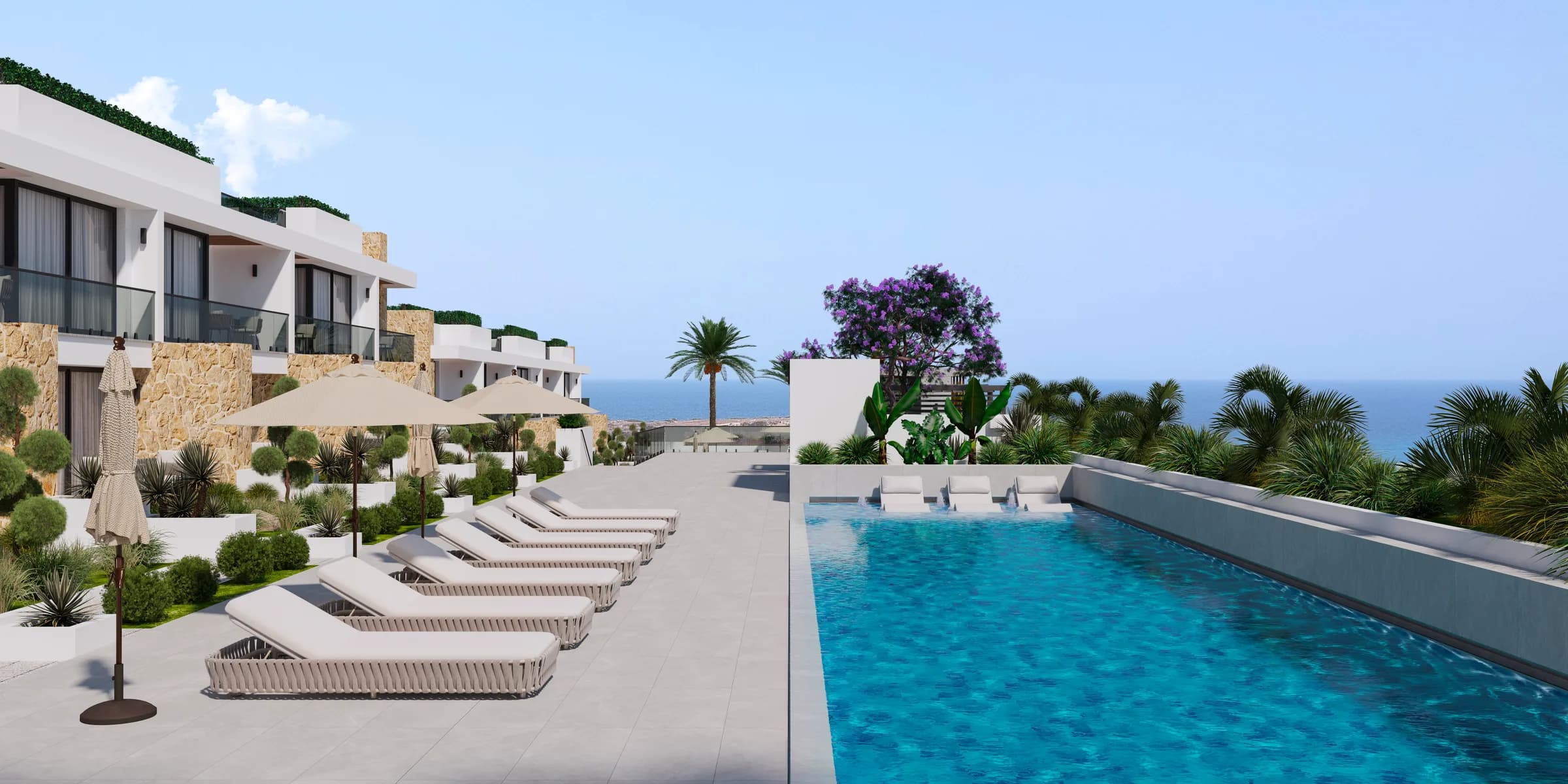 Pool terrace with sun loungers (visualisation)