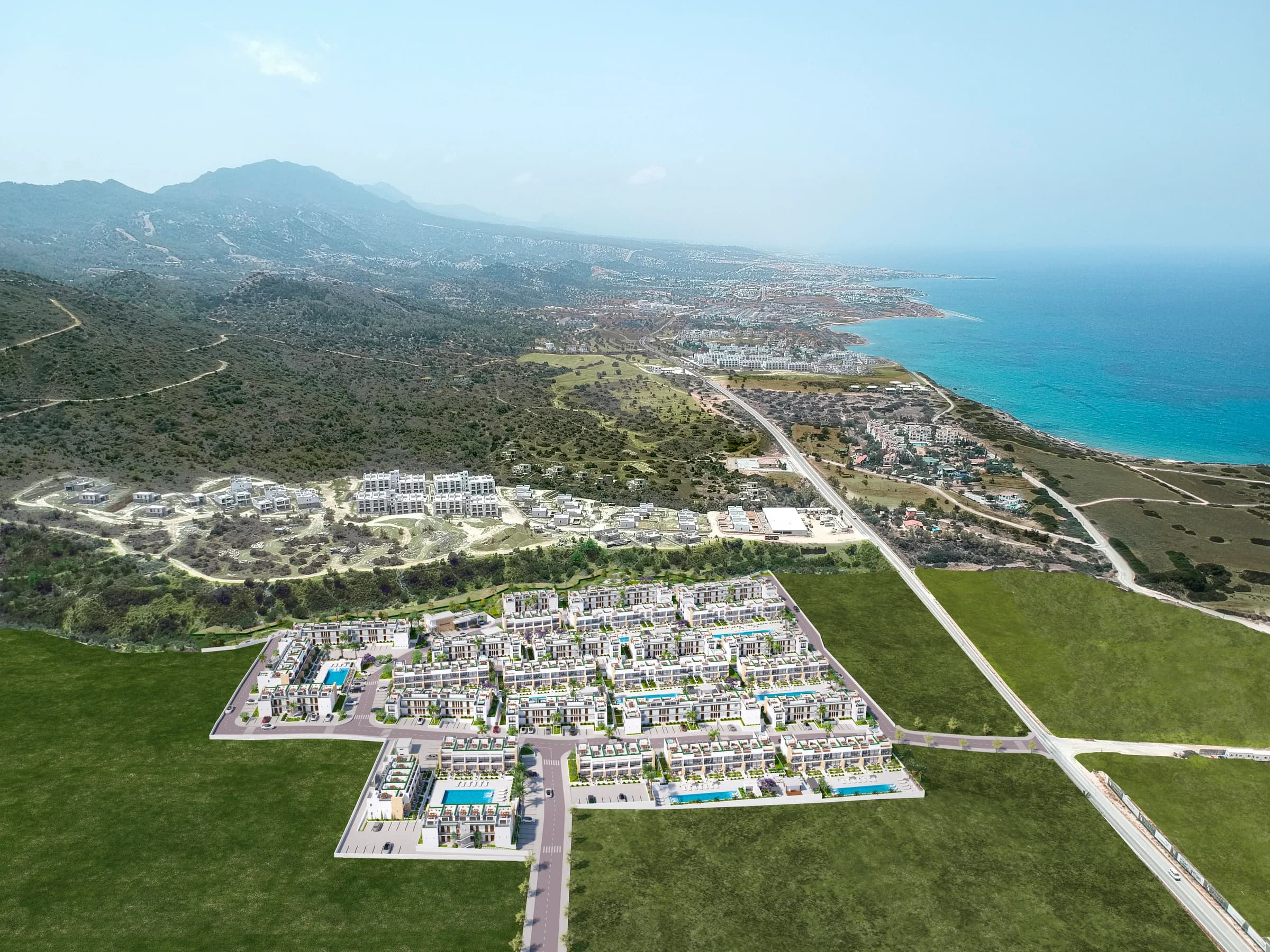 Aerial view of Brise de Vallée between the Kyrenia mountains and the coast (visualisation)