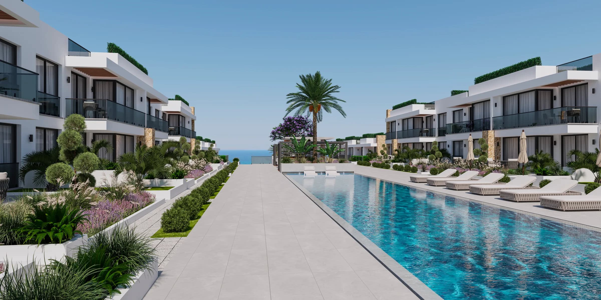 Pool and walkway with a view of the sea (visualisation)