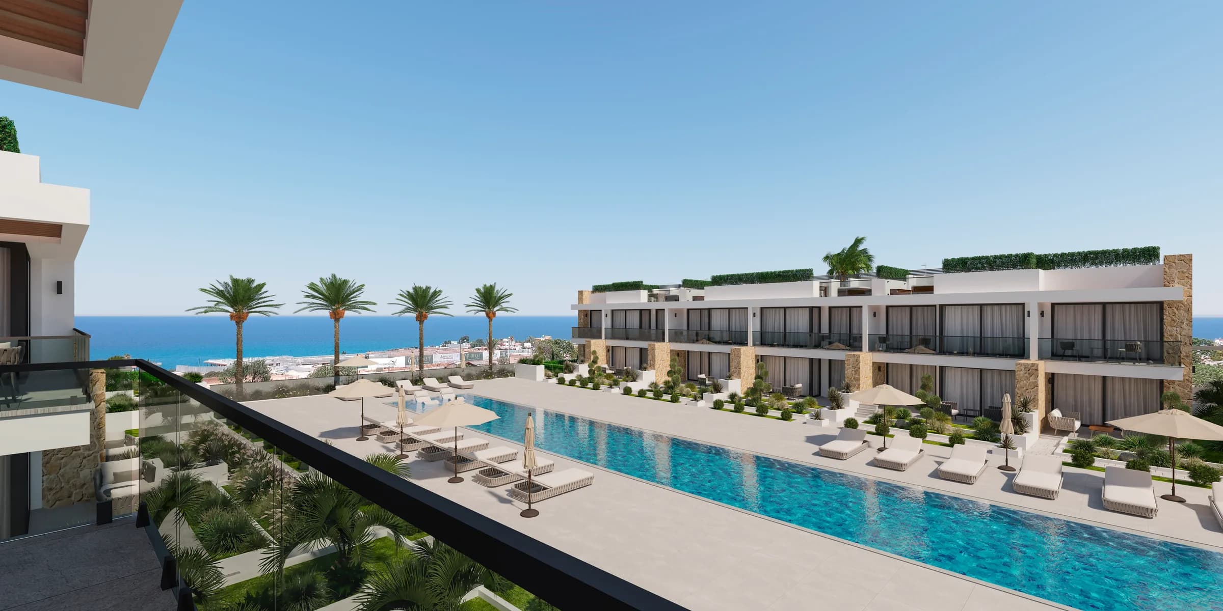 View from a first-floor balcony over a pool towards the sea (visualisation)