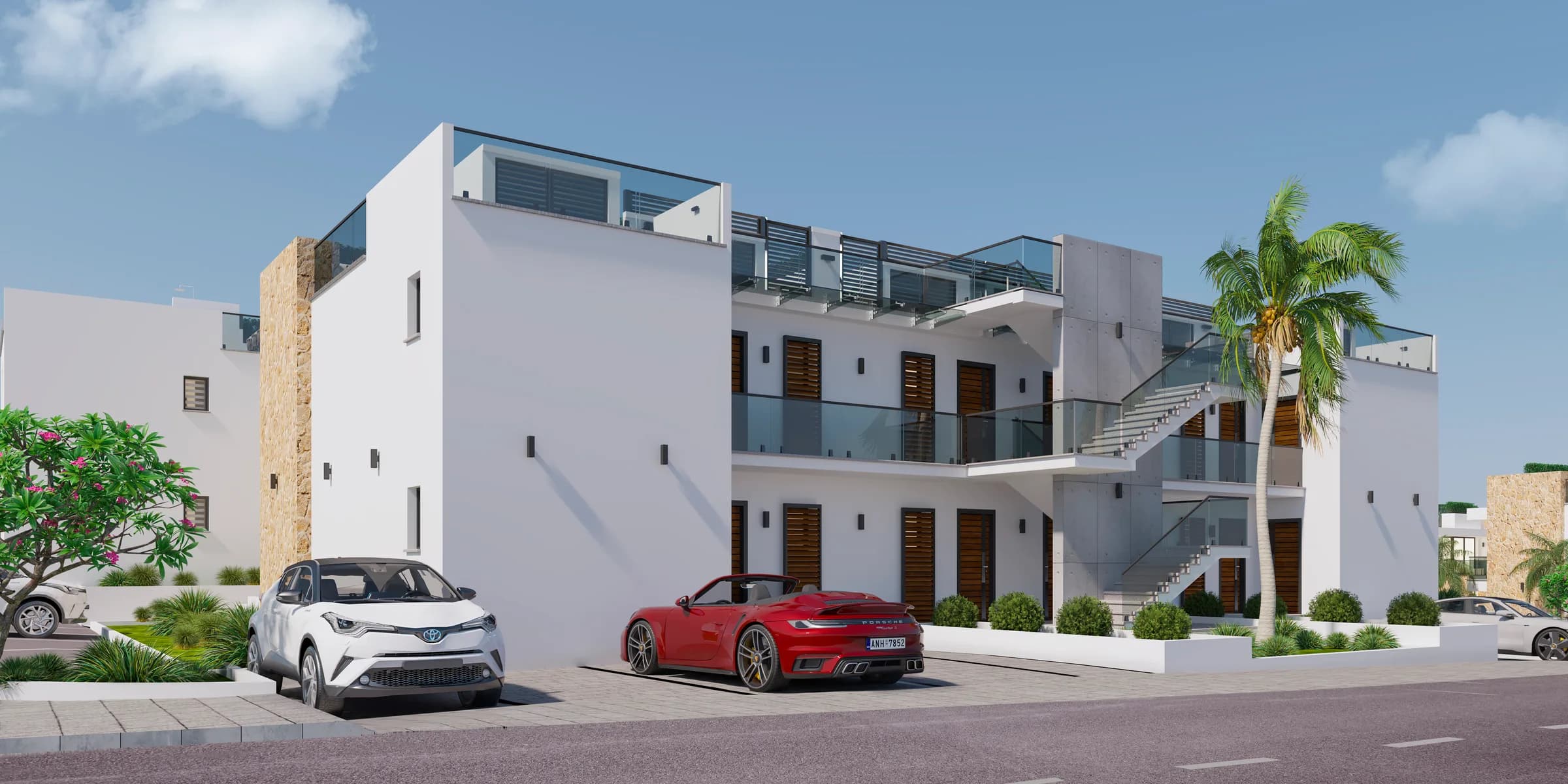 Two-storey type A block with roof terraces, street side (visualisation)