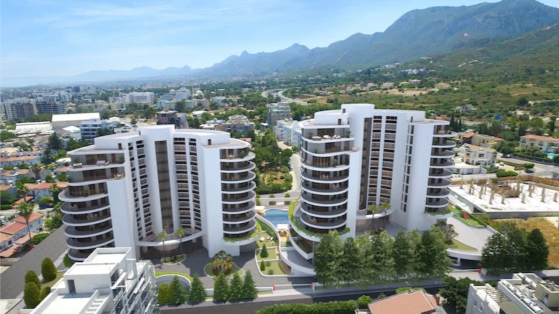 CC Towers Girne, wizualizacja dwóch wież na tle gór Kyrenii