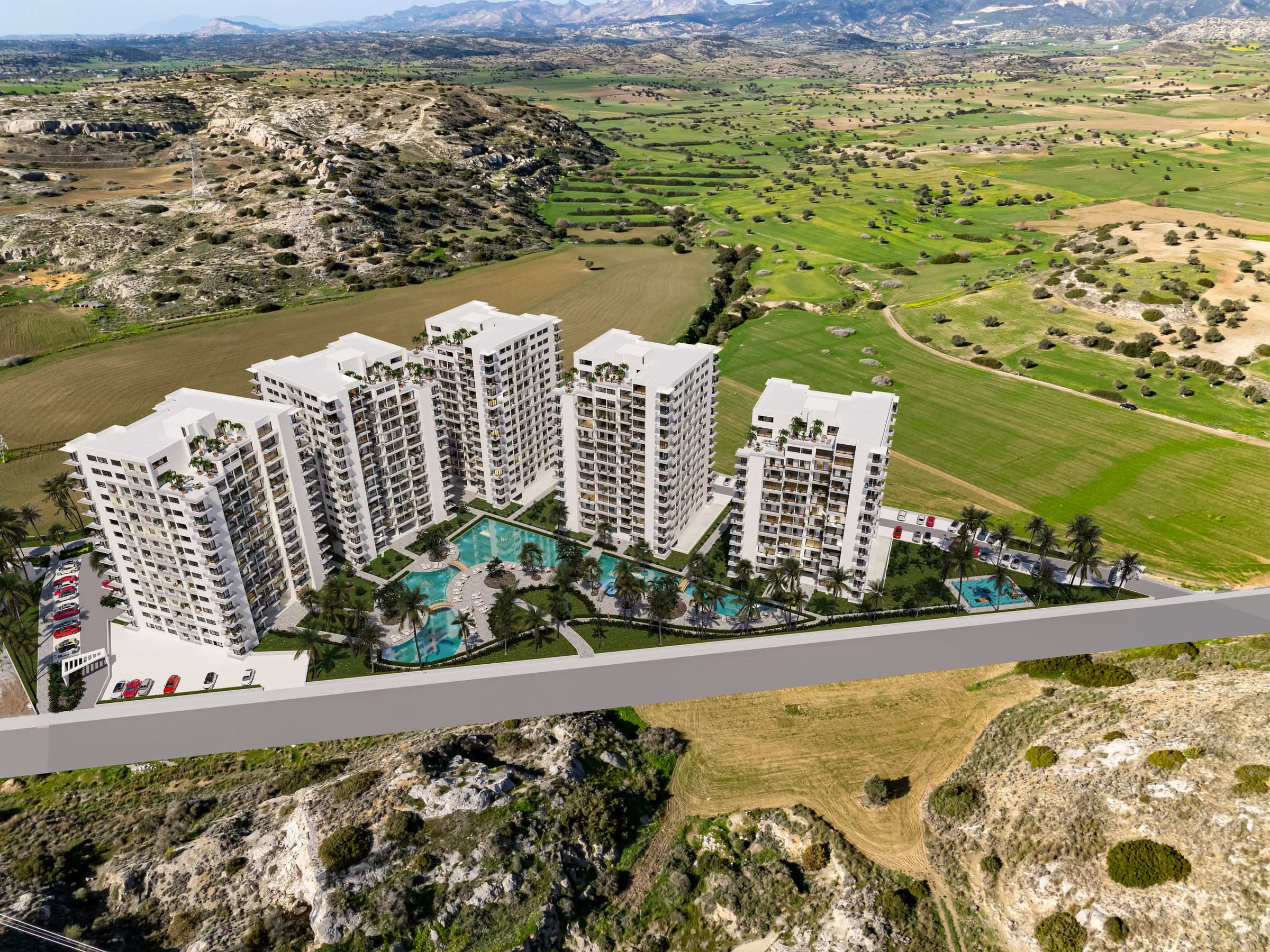 ЖК CC Towers İskele, аеровізуалізація п’яти веж, вписаних у фото ділянки