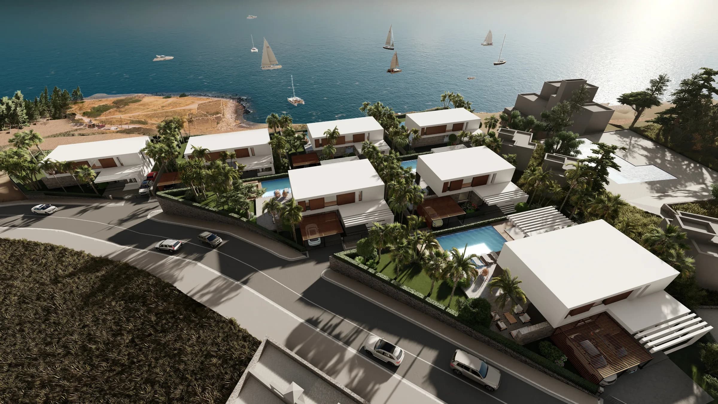 Aerial view of the villas towards the sea