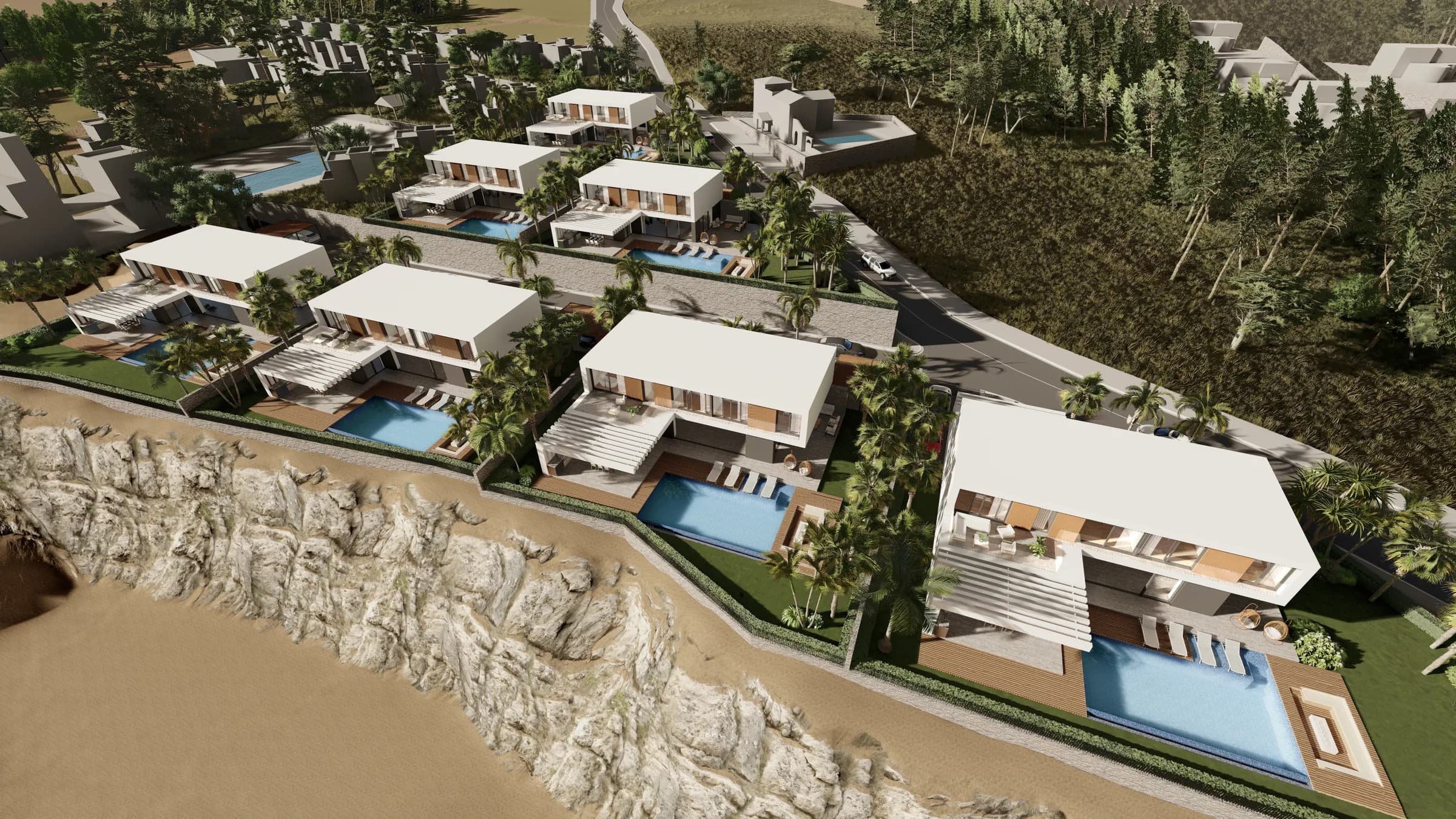 Aerial view of the seven villas on the slope