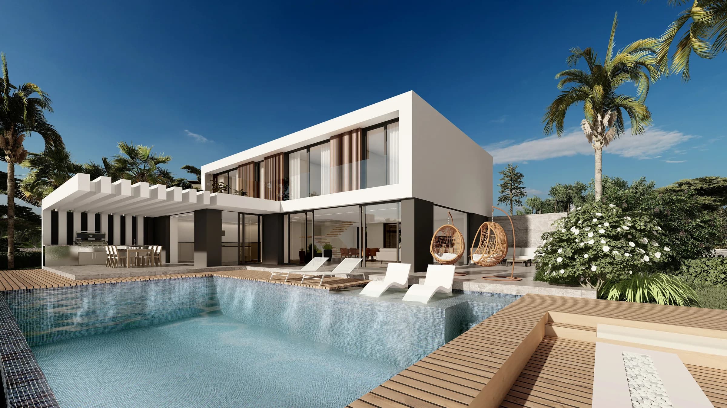 Pool and terrace of a two-storey villa