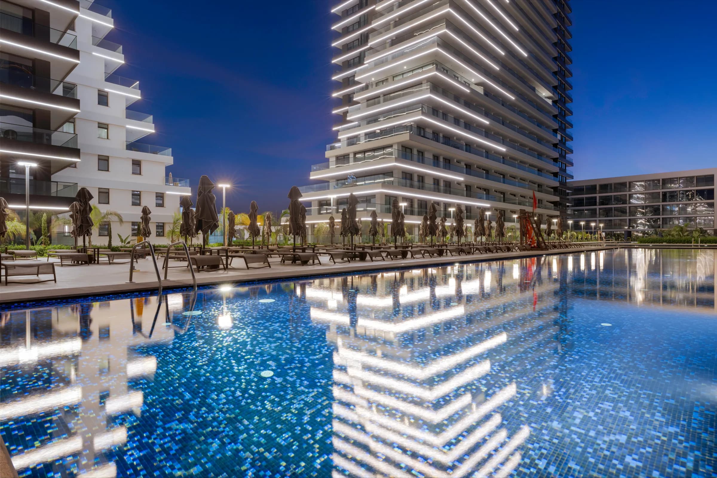 Towers and pool in the evening