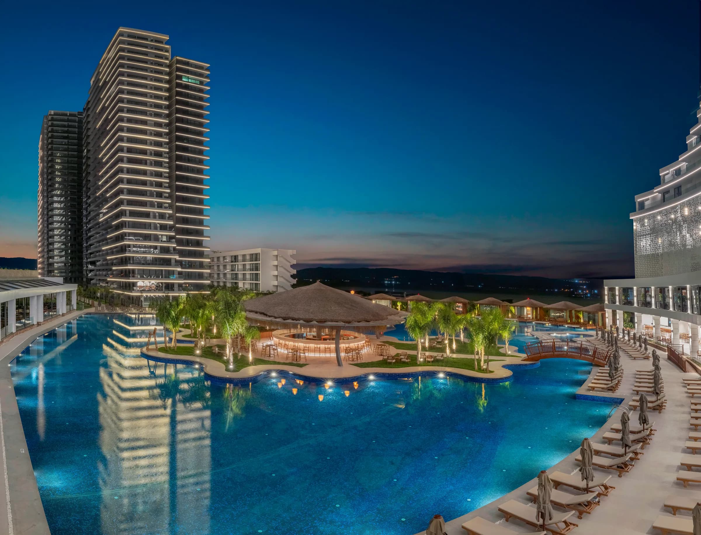 Pool deck and tower in the evening