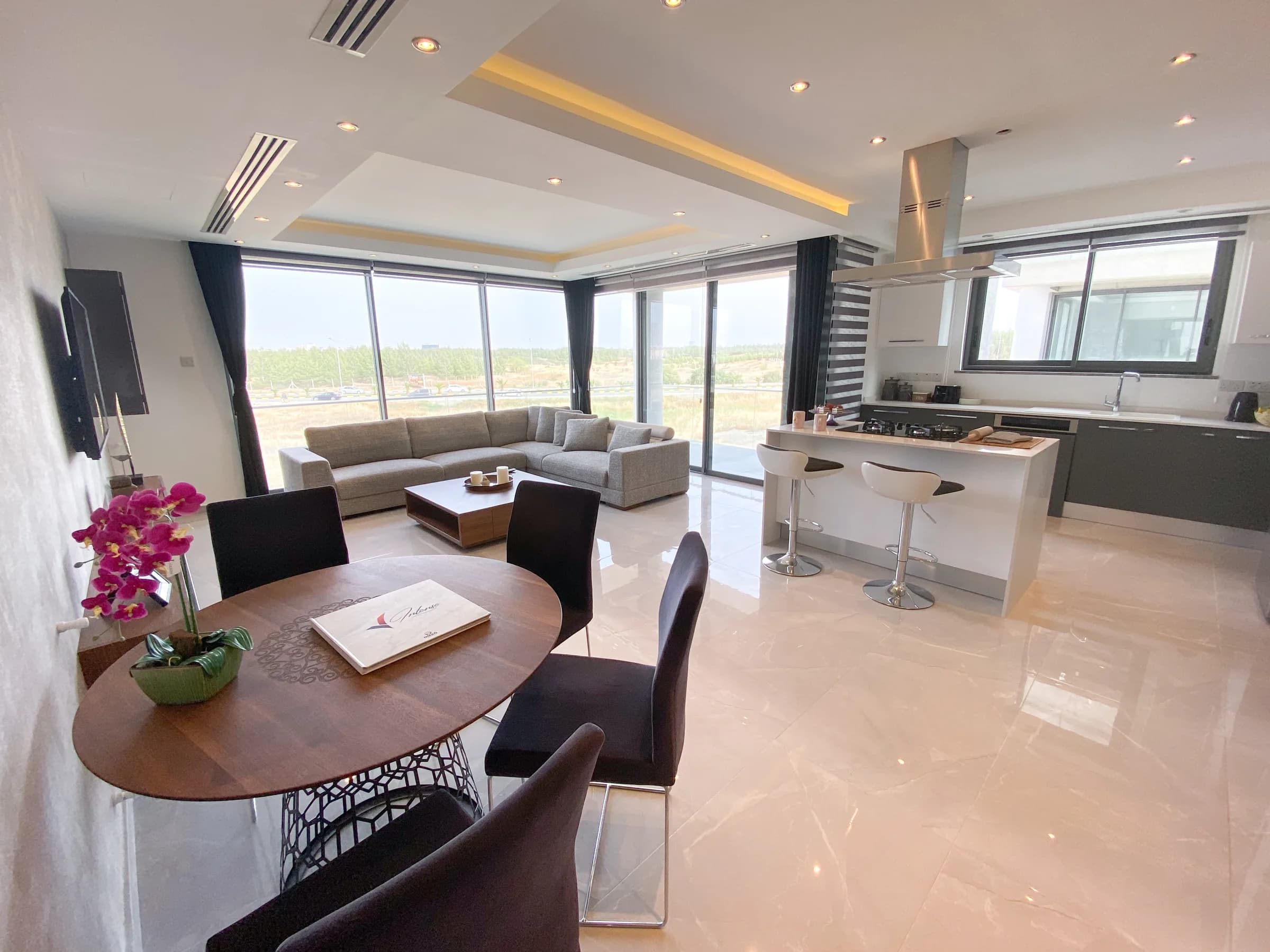 Open-plan living and dining area with the kitchen island (photo, May 2021)