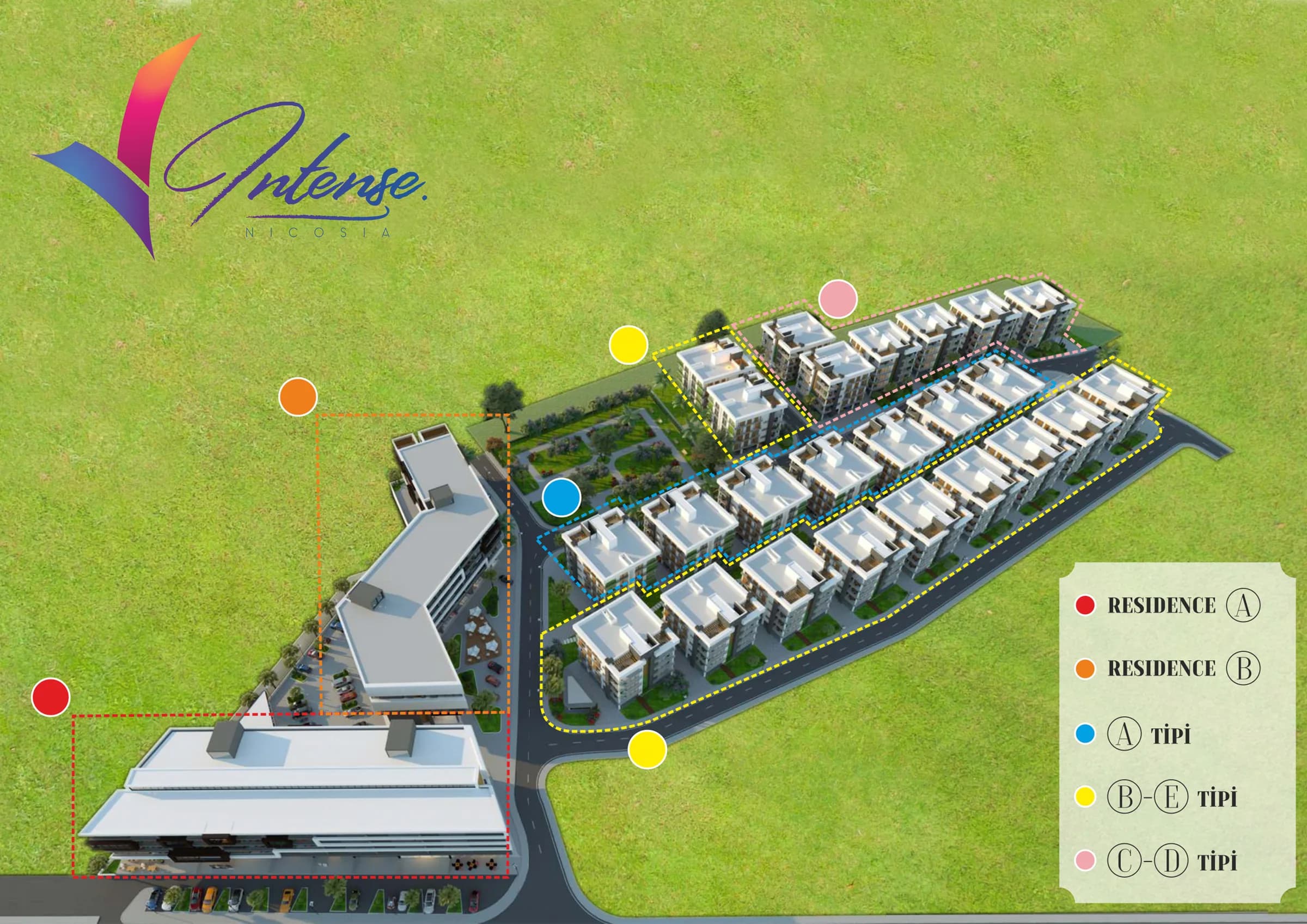 Site plan: Residence A and B along the road, A-, B/E- and C/D-type blocks behind (visualisation)