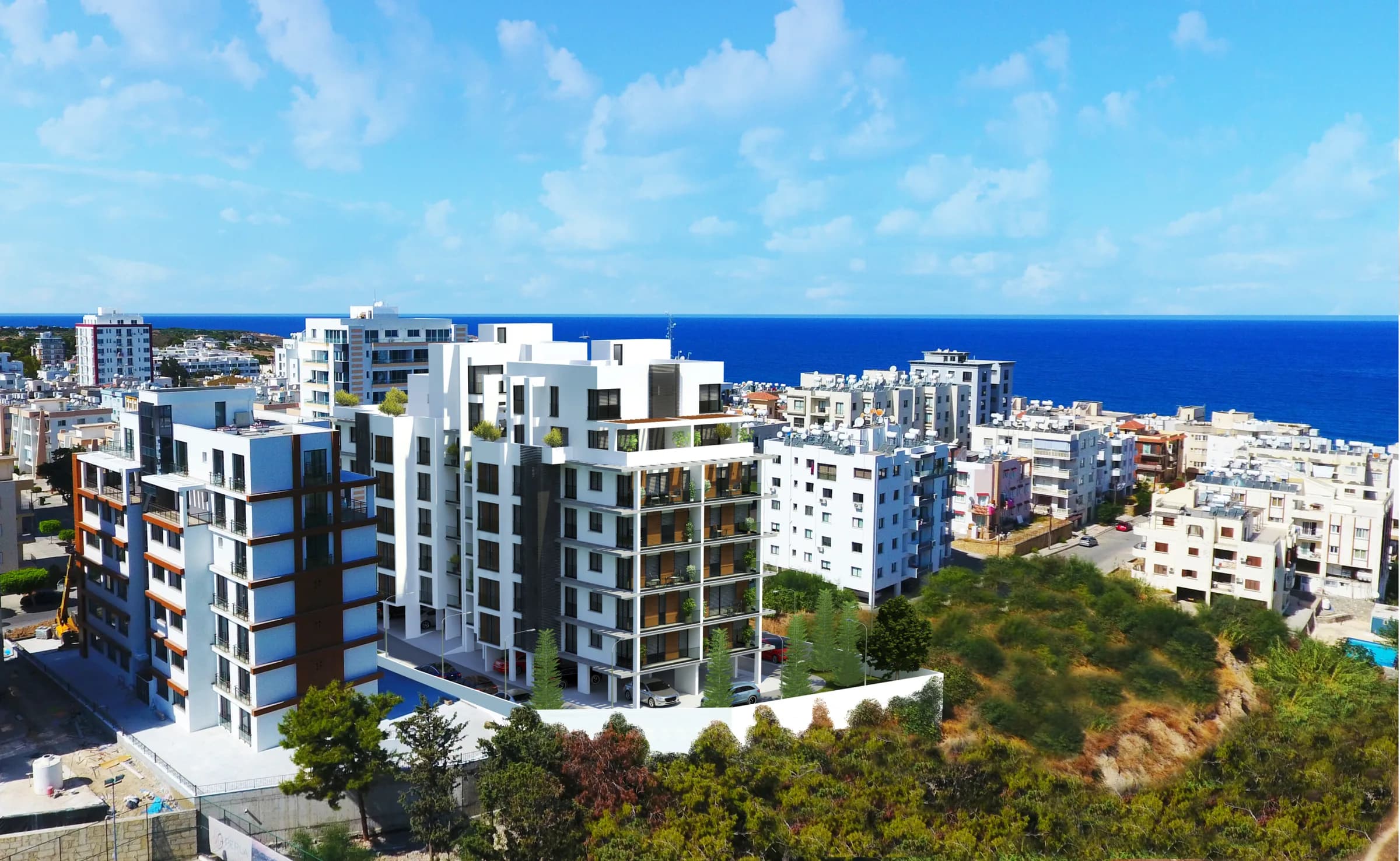 Kaşgar Residence in Kyrenia, aerial photomontage with the sea behind