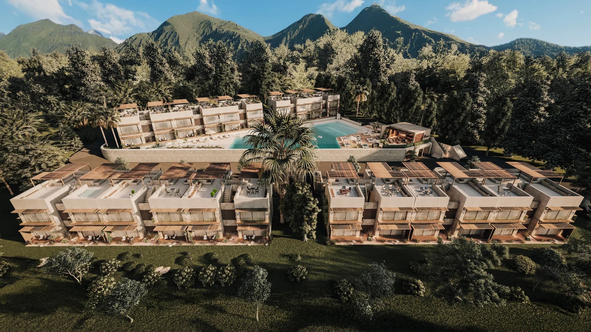 The four blocks around the pool, Kyrenia mountains behind (visualisation)