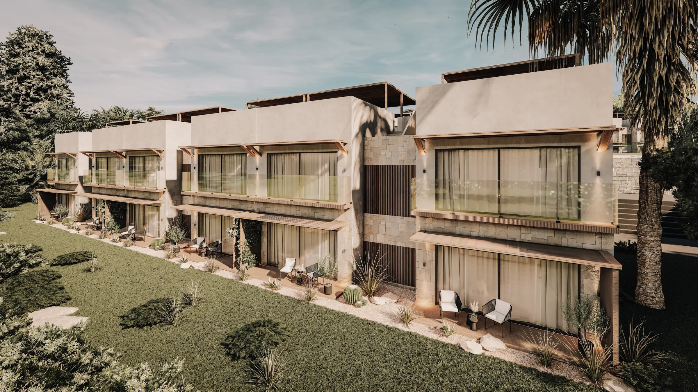 Front row of two-storey blocks with garden-floor terraces (visualisation)