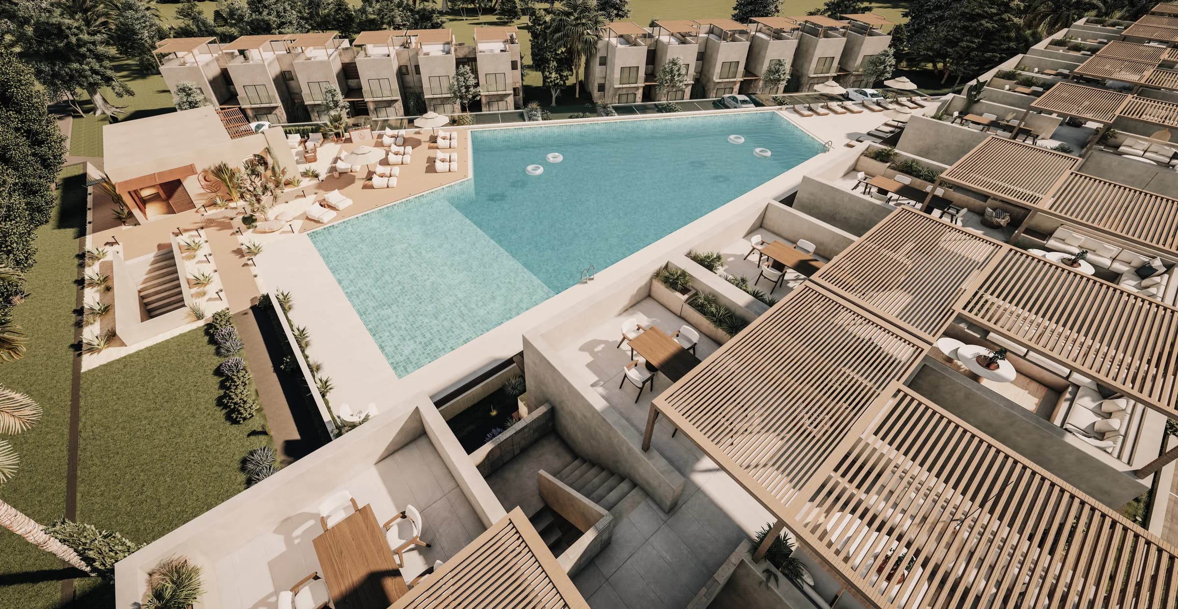 Aerial view of the pool and the penthouse roof terraces (visualisation)