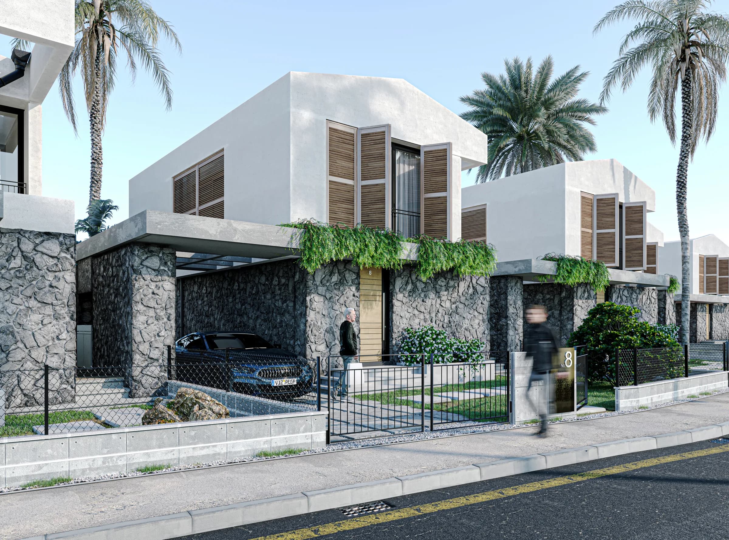 Type A villa from the street, with the enclosed garage, visualisation