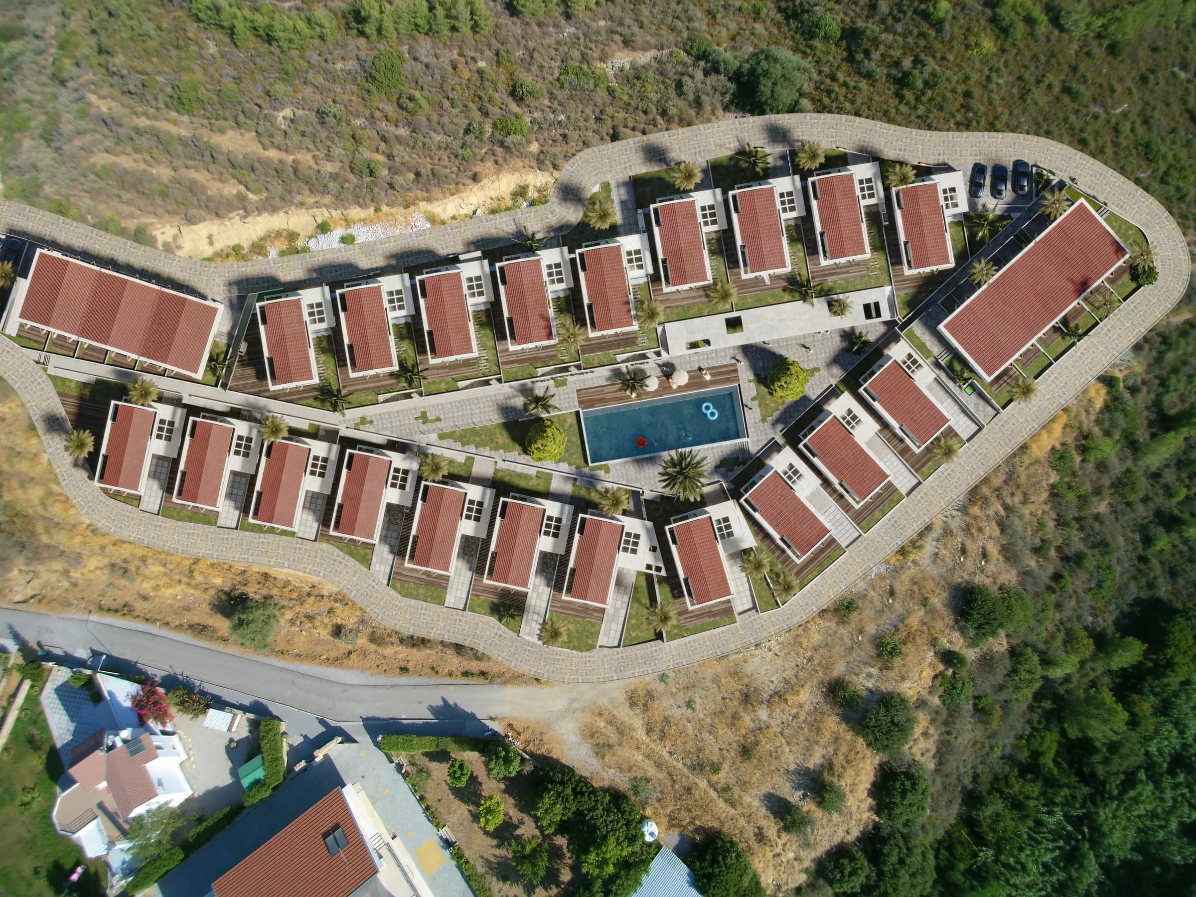 Aerial view of the 32 homes on the hillside above Alsancak, visualisation