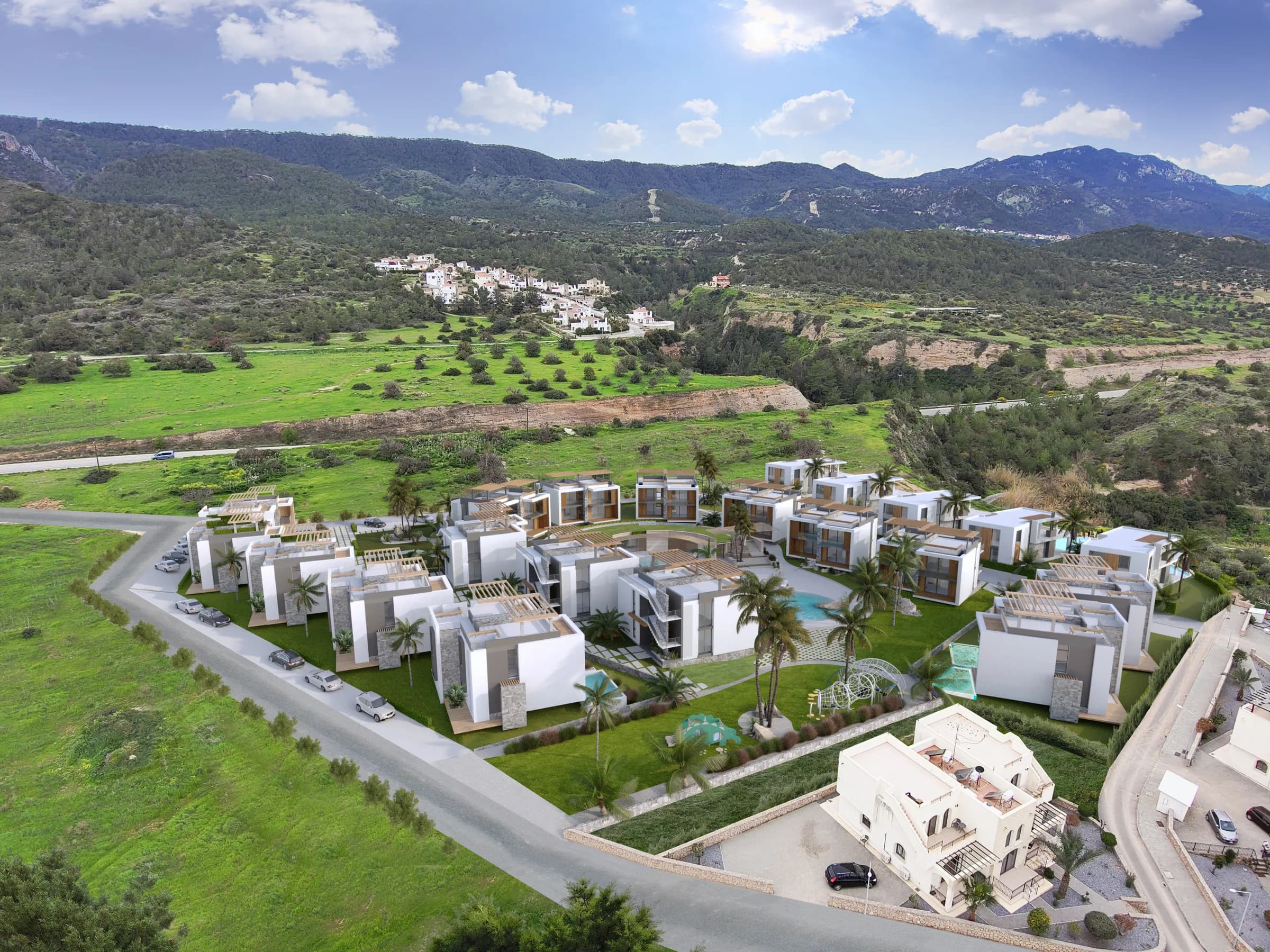 The complex from the hills, with the Kyrenia mountains behind, visualisation