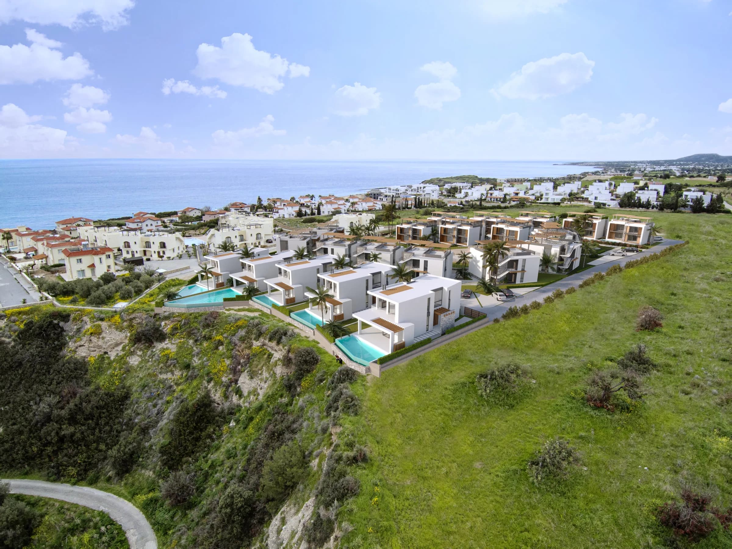 Sunset Bay nad wybrzeżem w Bahçeli, wille z basenami na skraju klifu, wizualizacja