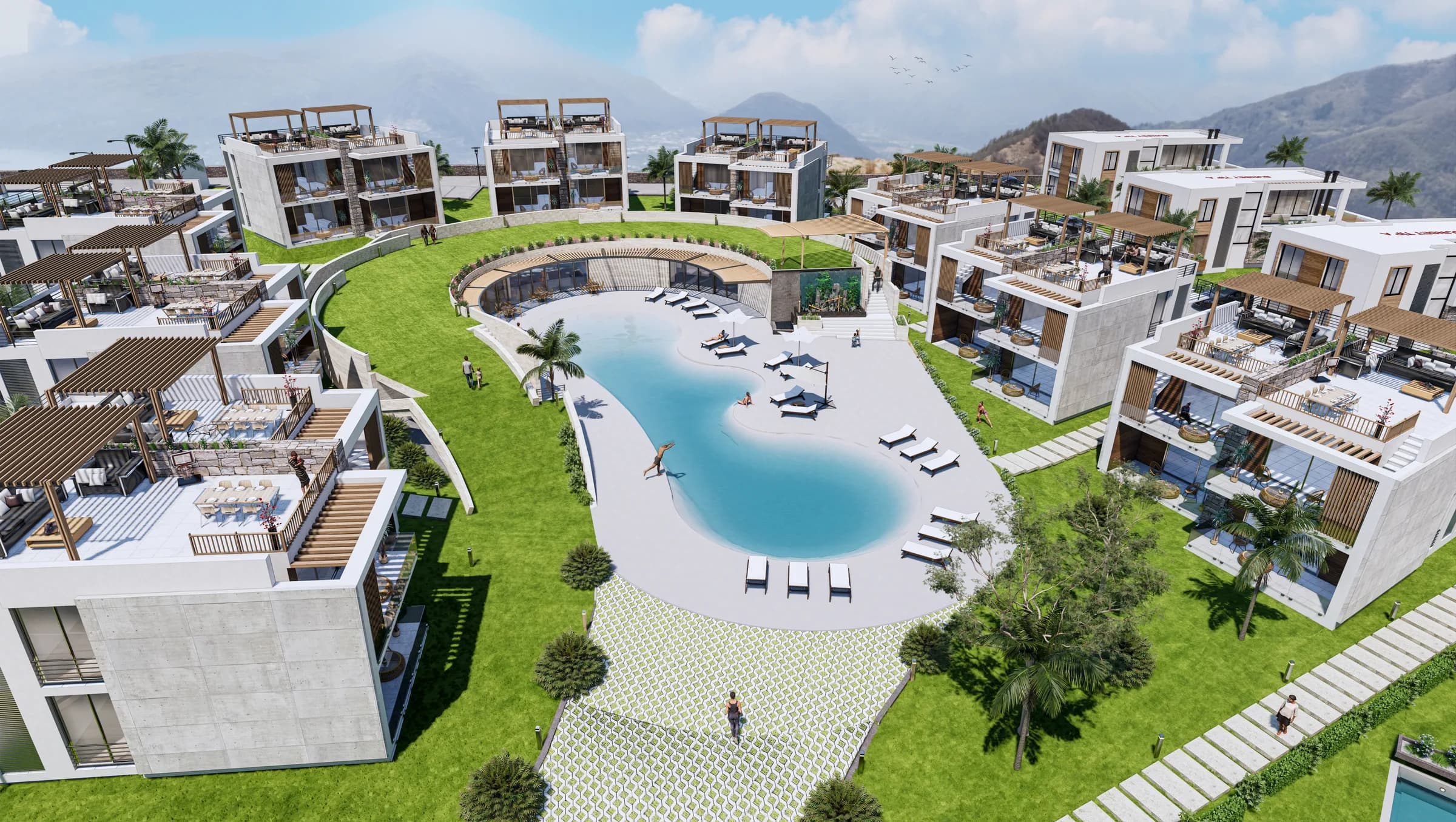 Lagoon-shaped communal pool between the blocks, visualisation