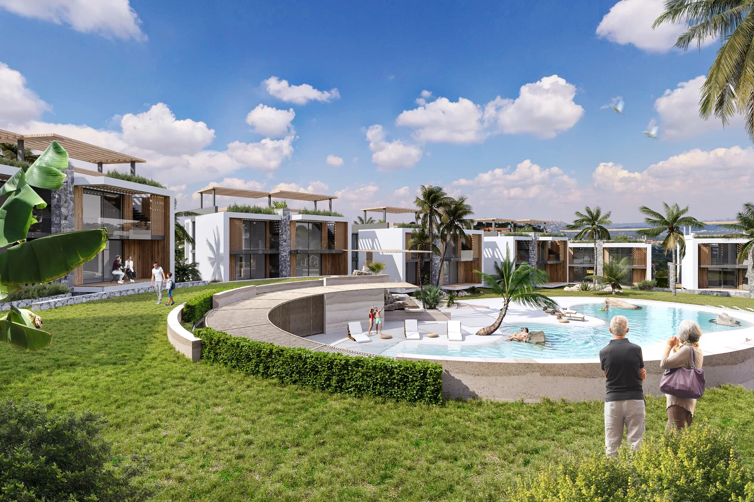 Communal pool and gardens between the blocks, visualisation
