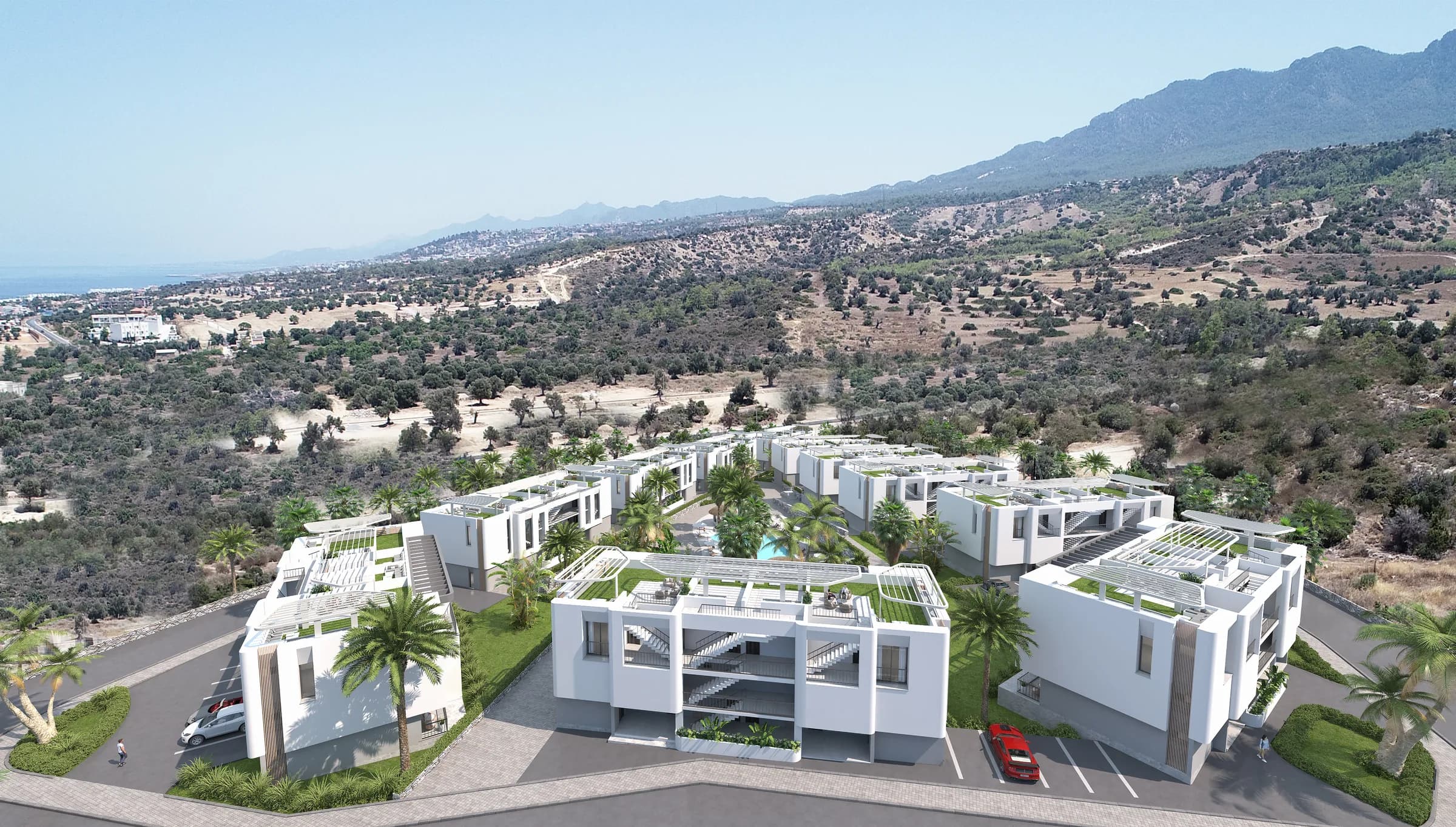 Budynki z tarasami na dachu, w tle góry Kyrenia (wizualizacja)