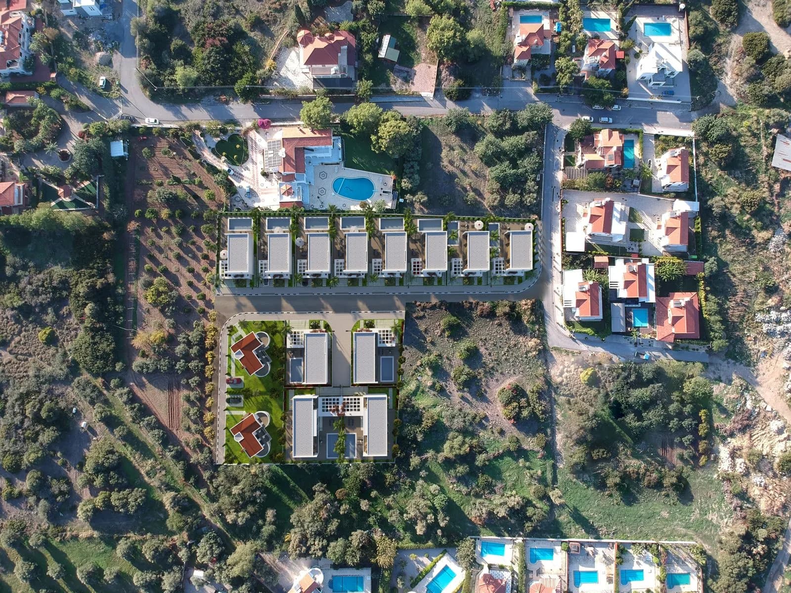 Site layout seen from directly above, photomontage