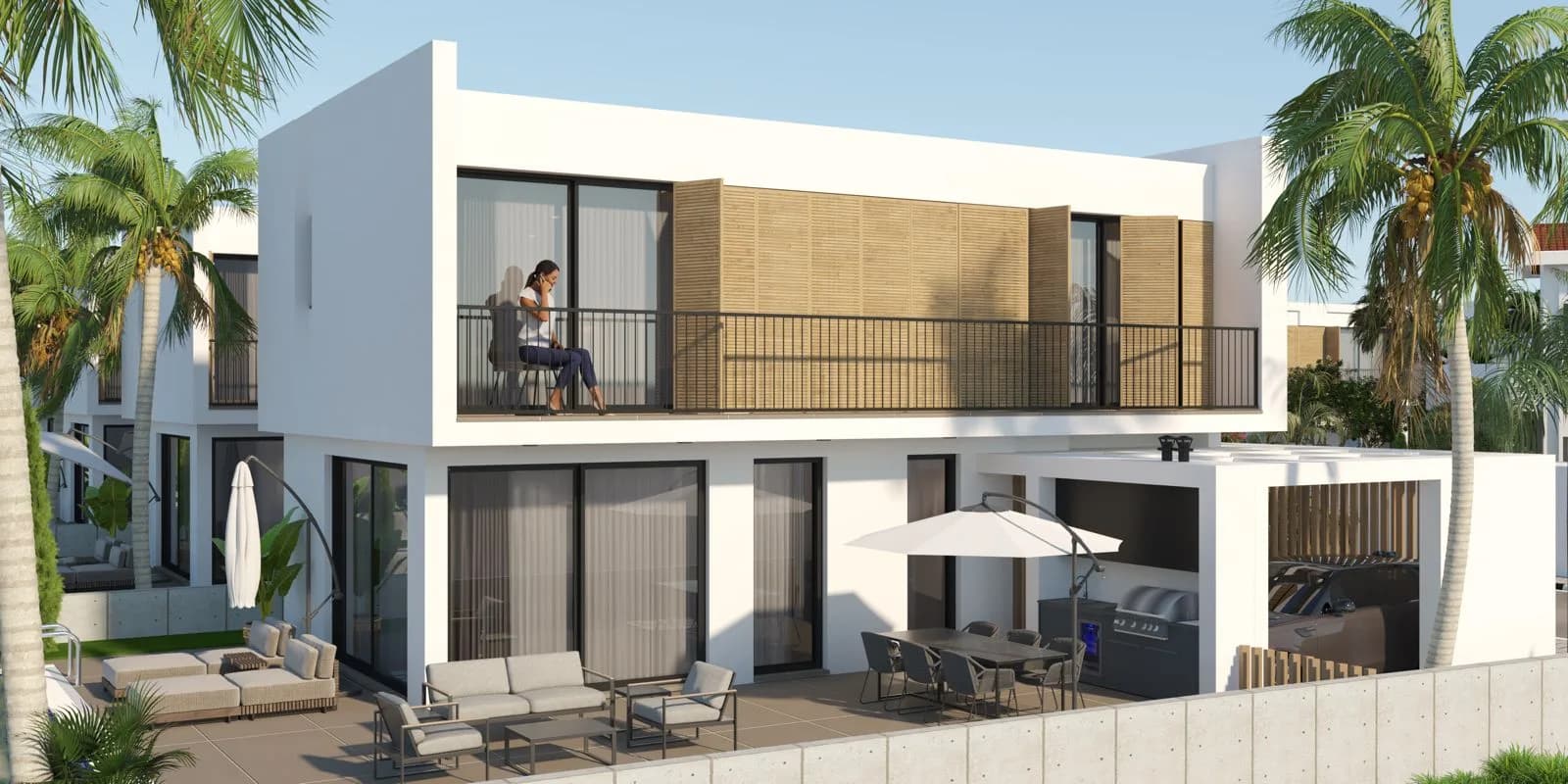Rear terrace with outdoor kitchen and first-floor balcony, visualisation