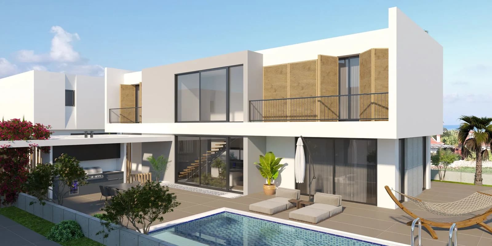 Private pool and terrace behind a villa, visualisation
