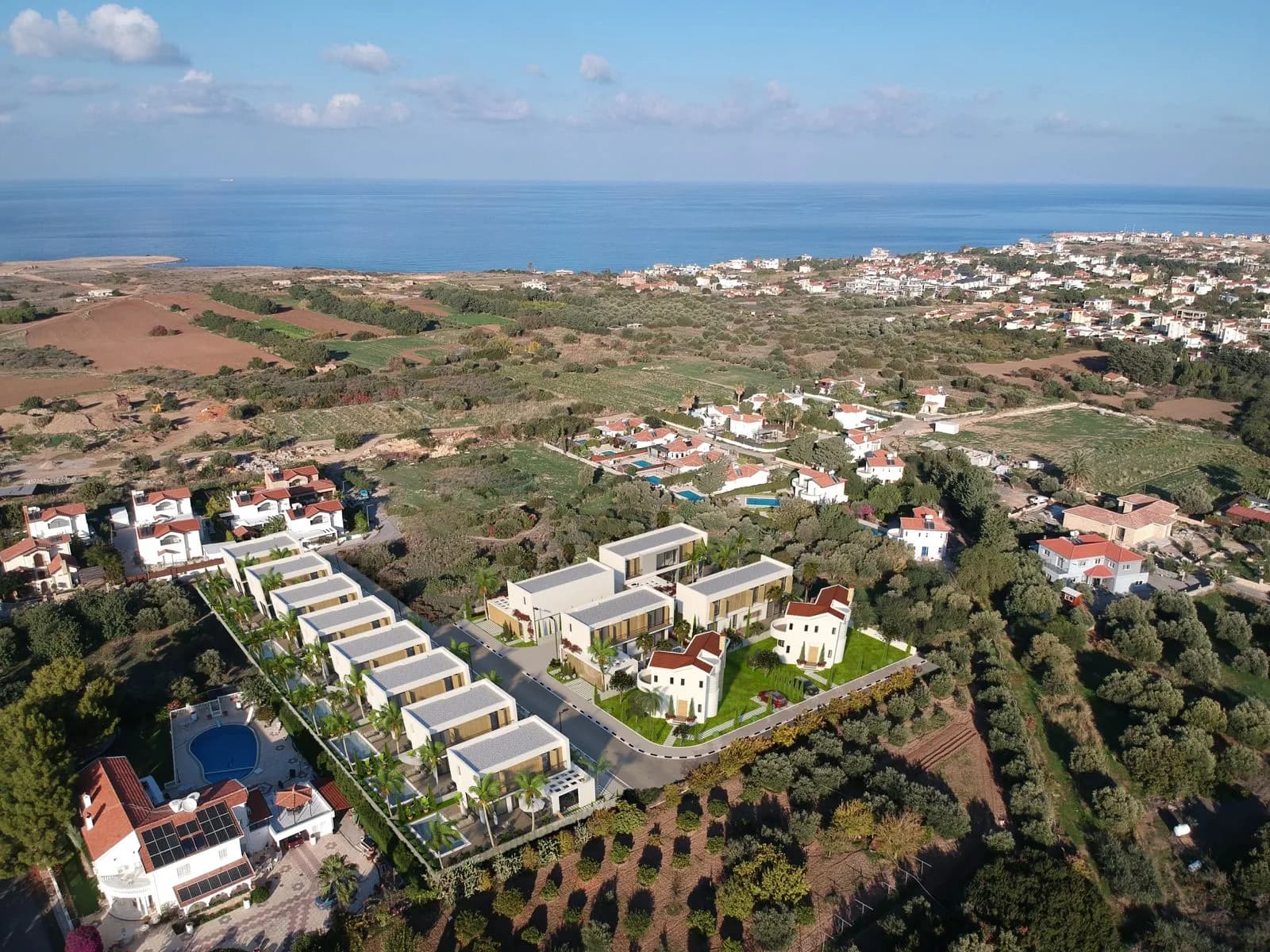 The row of eight A villas and the B and C villas from above, photomontage