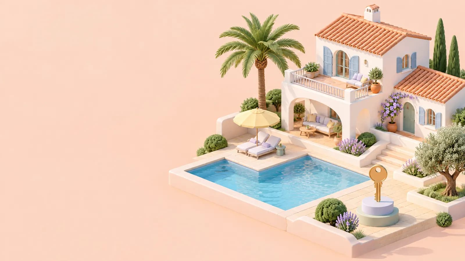 Pastel isometric Mediterranean villa with a terracotta roof, a pool, a palm tree and a key