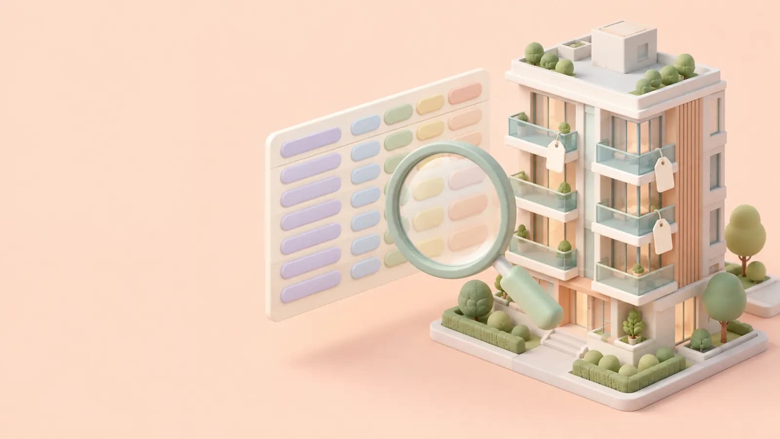 Magnifying glass over a pastel price table next to a small new-build apartment block