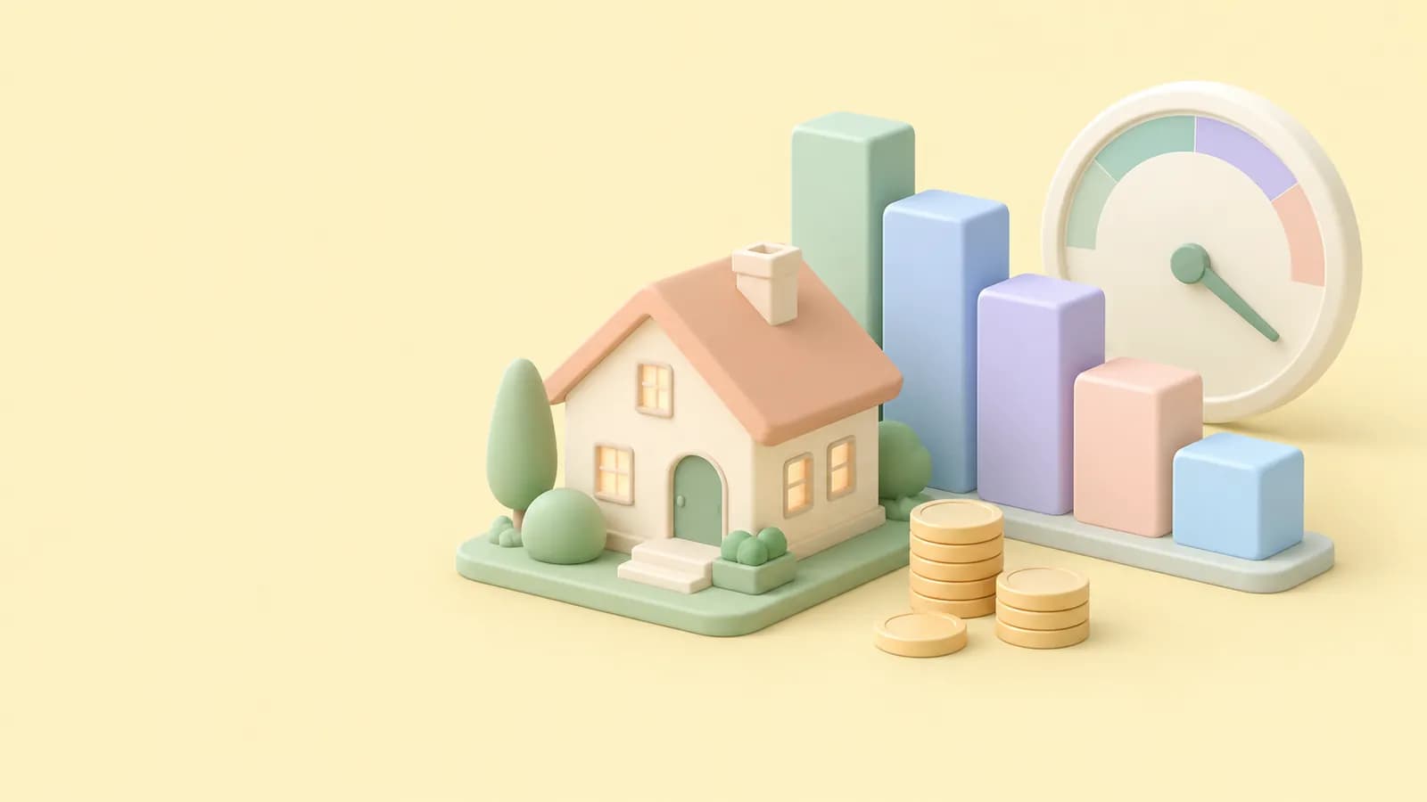 Pastel isometric house beside a stepped bar chart, a coin stack and a dial