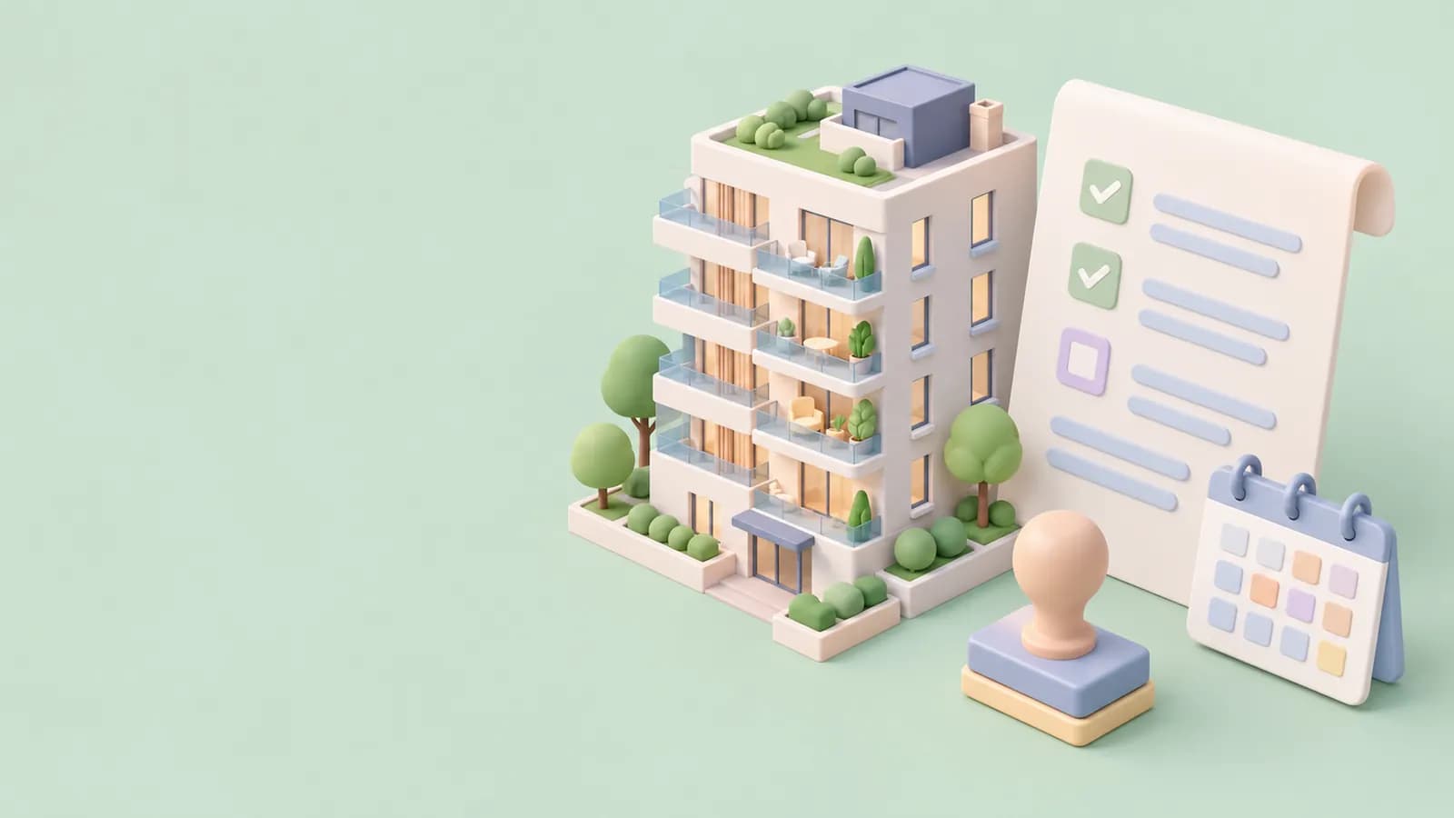 Pastel isometric apartment building next to a checklist, a calendar and a stamp