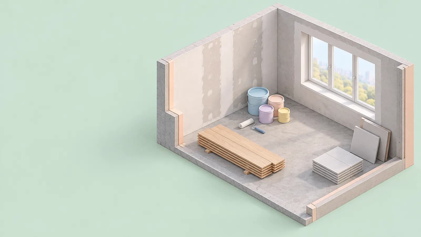 Pastel isometric cutaway of an unfinished room with paint buckets, a roller, floor planks and tiles