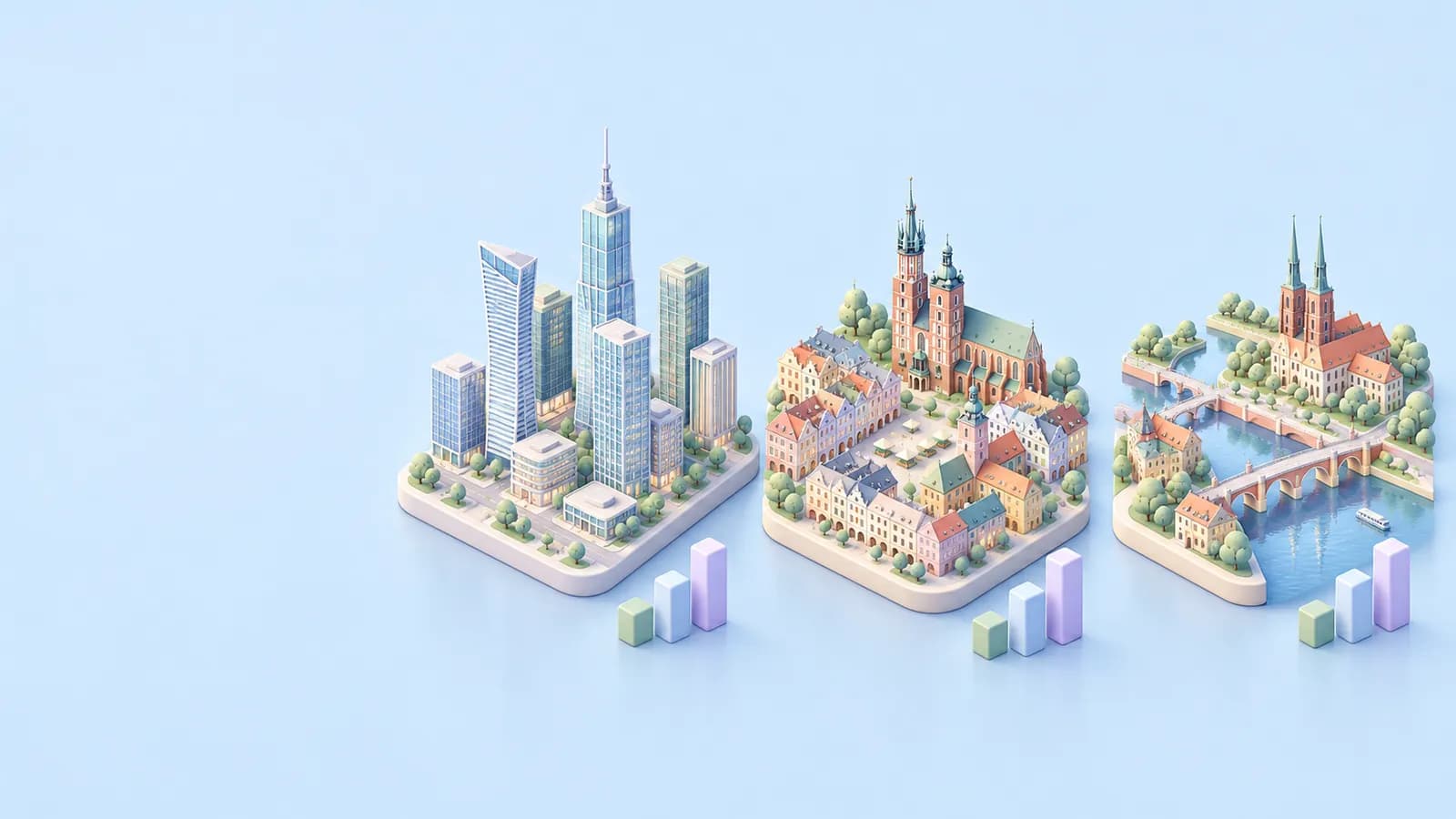 Three pastel isometric city blocks: glass towers, an old town with a spire and a riverside bridge
