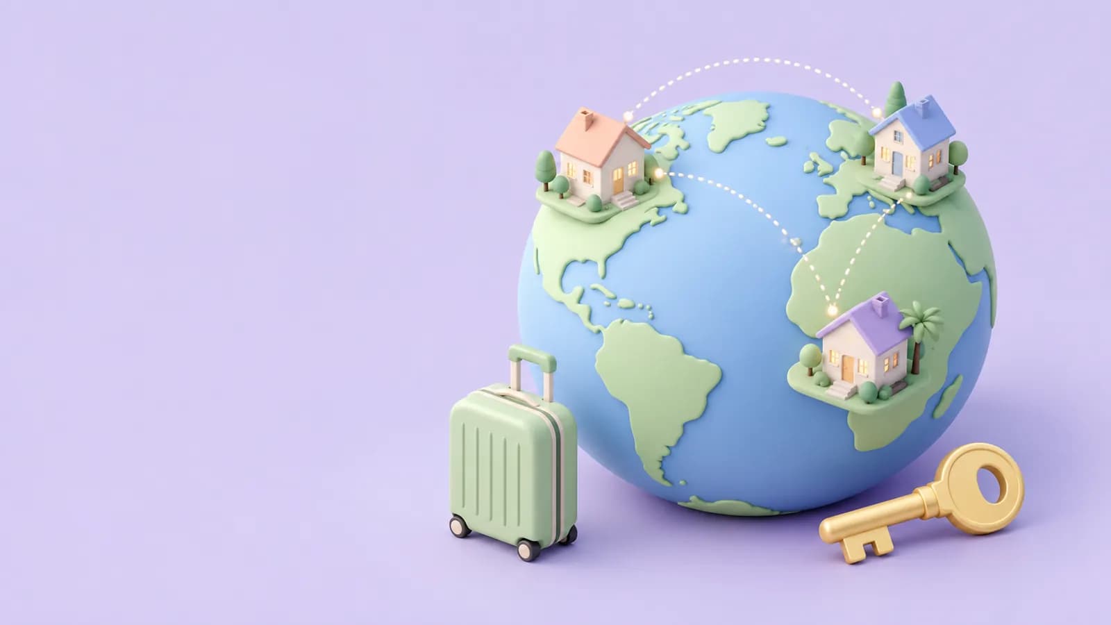 Pastel isometric globe with small houses on different continents, a suitcase and a key